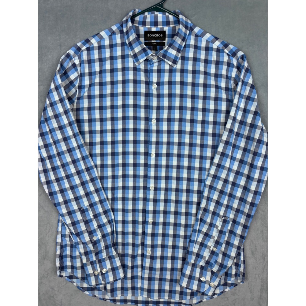 Bonobos Mens Slim Fit Gingham Button Down Shirt Blue White Stretch L 23950-BMD29